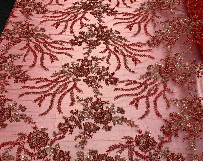 Beaded Mesh Lace Fabric By The Yard Embroidery Bridal Lace Handmade Floral Design With Big Luxury Flowers Sequins (Red/Green)