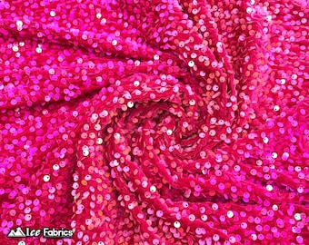 Emma 2 Way Stretch Velvet Sequin Fabric By The Yard | Embroidery Sequin On Spandex Velvet | Hot Pink | 60” Wide