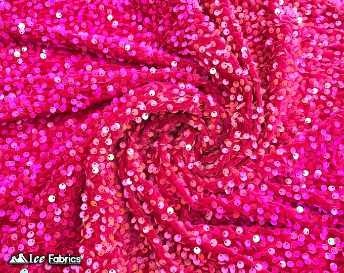Emma 2 Way Stretch Velvet Sequin Fabric By The Yard | Embroidery Sequin On Spandex Velvet | Hot Pink | 60” Wide