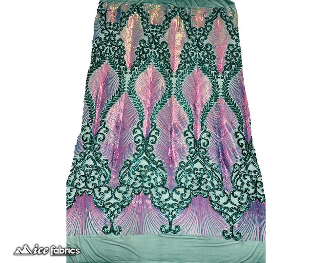 Modern Iridescent Hunter Green 4 Way Stretch Sequin Fabric By The Yard | Spandex Fabric | Embroidery Lace on Power Mesh Fabric | 56” Wide