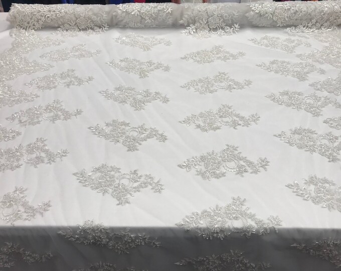 White Beaded Mesh Lace Fabric Embroidery Lace Fabric Sold By The Yard. FLORAL Lace For Wedding dress