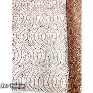Rose Gold Wavy Embroidered Beaded Sequin Fabric By The Yard | Lace Beaded Fabric On Mesh Fabric | Fashion Fabric | Dress Wedding
