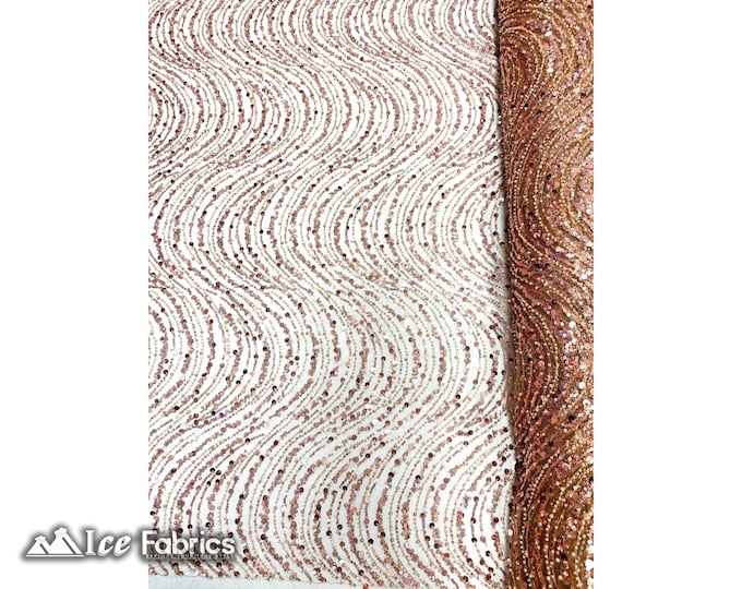 Rose Gold Wavy Embroidered Beaded Sequin Fabric By The Yard | Lace Beaded Fabric On Mesh Fabric | Fashion Fabric | Dress Wedding