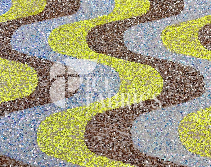 Wavy Sequin Stretch Velvet Fabric by The Yard - 60" Wide Champagne Yellow Iridescent on Champagne Velvet for Apparel, Costume, Decor