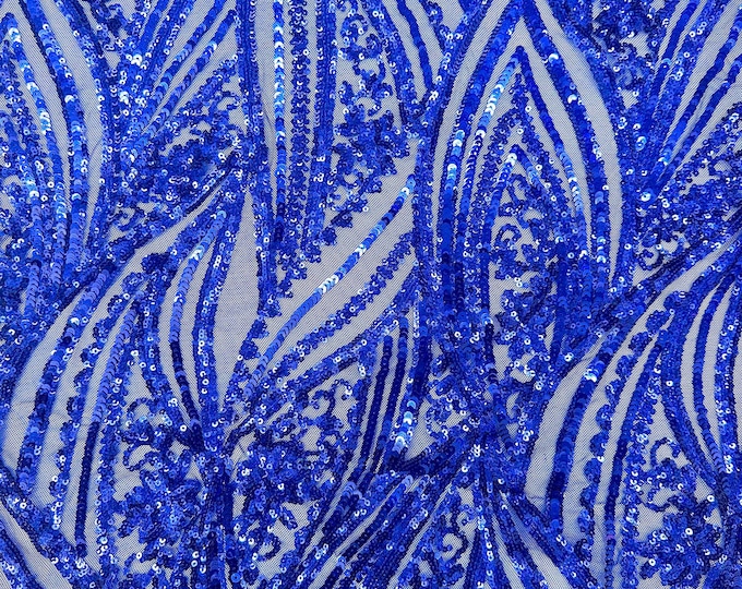 Royal Blue Damask Stretch Sequin Fabric By The Yards (MT) Embroidery Sequin Mesh Fabric Prom Dress Fabric