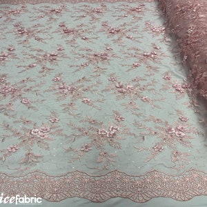 Fashion 3D Flowers Floral Lace Fabric By The Yard | Pink Embroidery Beaded Fabric with Sequin on Mesh