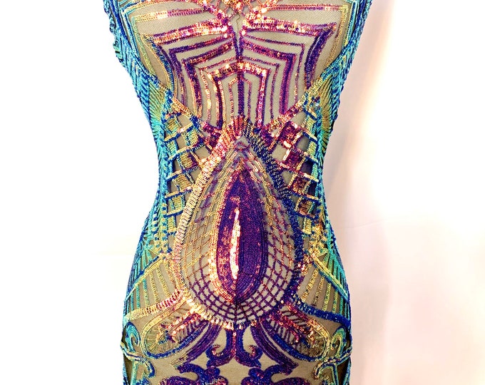 LUXURY Iridescent Embroidered 4 Way Stretch Sequins ON A Black Mesh Lace Fabric By The Yard (Sage/Fuchsia) For Night Gowns,