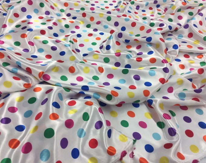 Satin Polka Dots Multi color Fabric By Yard dresses particularly evening wear linings bedspreads and upholstery.