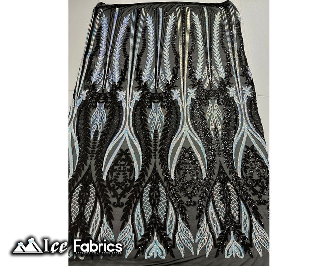 Lucy Damask Sequin Fabric By The Yard | Iridescent Black White on 4 Way Stretch Mesh Fabric