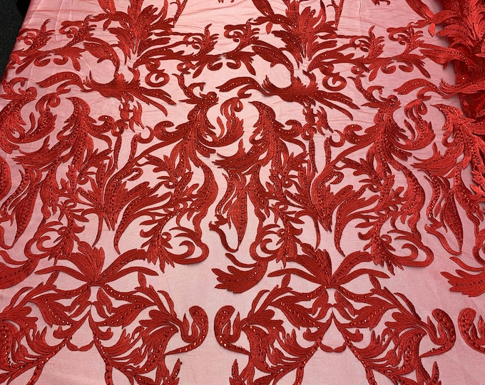 ONE Yard Mesh Lace Embroidered Fabric Leafs Design With Stones (Red) High Quality Lace For Wedding/Prom/ Night Gowns Dress/ Fashion.