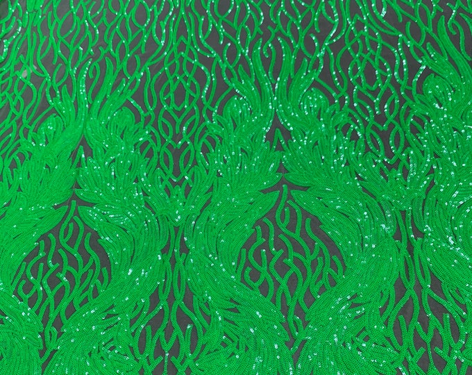 Neon Green Iridescent Fabric- 4 Way Stretch SEQUIN FABRIC By the Yard- Nylon Spandex Mesh Fabric- Embroidered Fabric- Lace Fabric