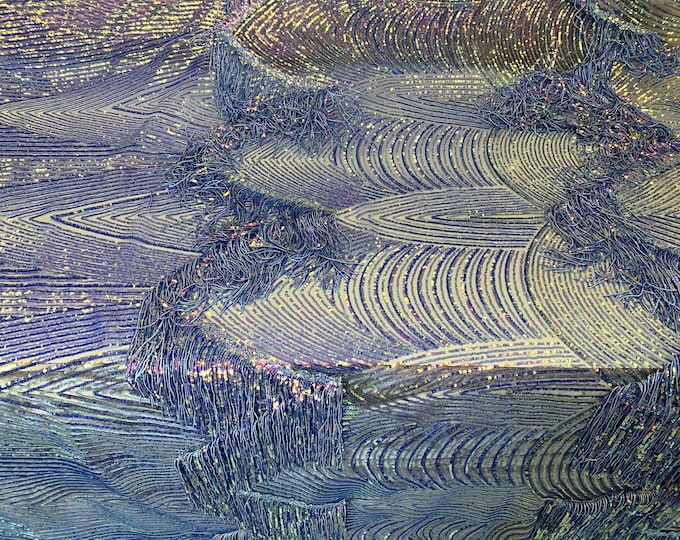 Dangle Design/ Iridescent Lavender/ Embroidered Sequins Fabric By The Yard/ Sequins Dangle ON Stretch Tulle Mesh/ For Night Gowns/ Dresses/