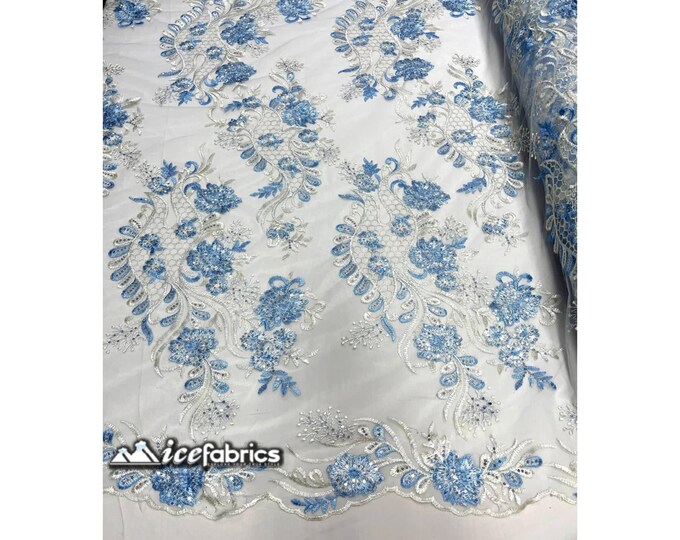 Luca Floral Lace Fabric By The Yard Baby Blue / White Embroidery Flowers Sequin Fabric On Mesh. Wedding Dress, Decoration