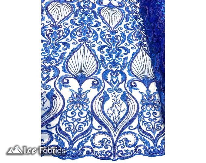 Luxurious Royal Blue Embroidered Beaded Fabric By The Yard | Handmade beads Lace on Mesh Fabric | Damask Beaded