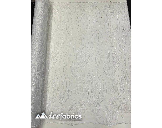 Rose Floral Beaded Fabric By The Yard | White Handmade Flower Embroidery Lace Fabric | Wedding Dress, Prom Dress