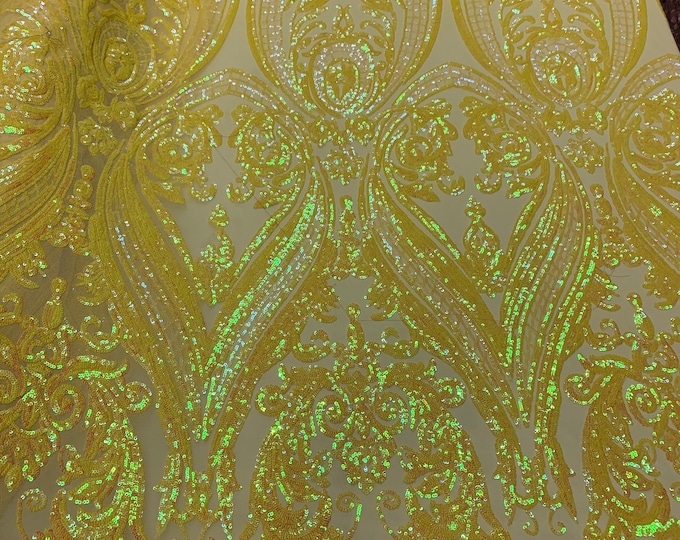 Royalty Iridescent (Yellow) Sequins 4 Way Stretch Spandex Mesh Fabric By The Yard/ Embroidery Fabric/ Prom Lace/ Wedding Dress/