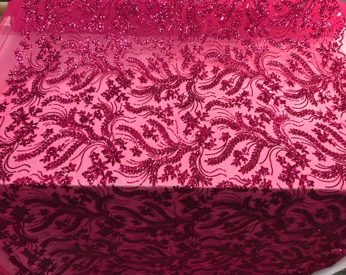 NEW Fuchsia Design sequins 4 way stretch on A MESH lace Sold By the yard for decorations fashion wedding prom dresses, tablecloth night gown