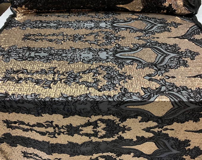 Black/Gold_ Elegant 4 WAY Stretch Sequins On Power Mesh//Spandex Mesh Lace Sequins Fabric By The Yard//Embroidery Lace/ Gowns/Veil/ Bridal