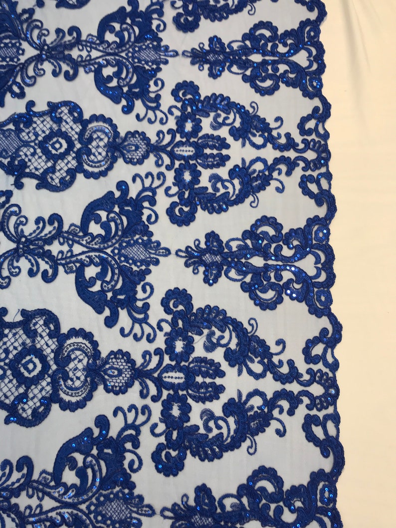 Wings Design Embroider and heavy beading on a mesh lace-sold by the yard. Royal Blue main image 1