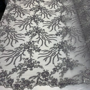 Beaded Mesh Lace Fabric By The Yard Embroidery Bridal Lace Handmade Floral Design With Big Luxury Flowers Sequins (Silver/Gray