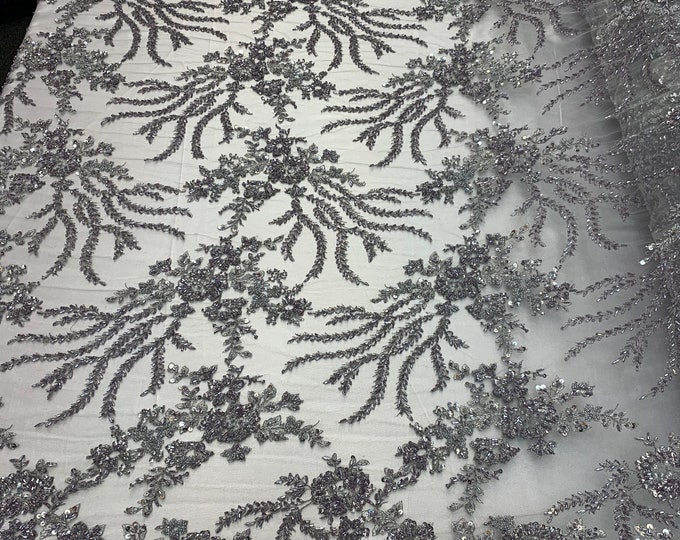 Beaded Mesh Lace Fabric By The Yard Embroidery Bridal Lace Handmade Floral Design With Big Luxury Flowers Sequins (Silver/Gray