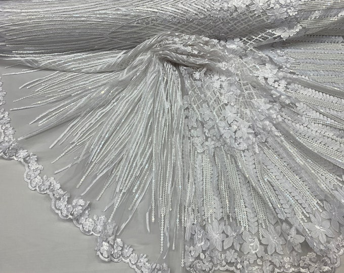 White_ Corded 3D Flowers/Floral Mesh Lace Fabric With Geometric Sequins By The Yard// Embroidery Lace Mesh Dresses, Gowns,Skirts,Prom FABRIC