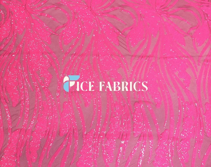 Elegant Feather Neon Pink Sequin Fabric By The Yard Stretch Mesh Spandex Fabric Sequin Mesh Fabric Wedding Dress, Prom Dress