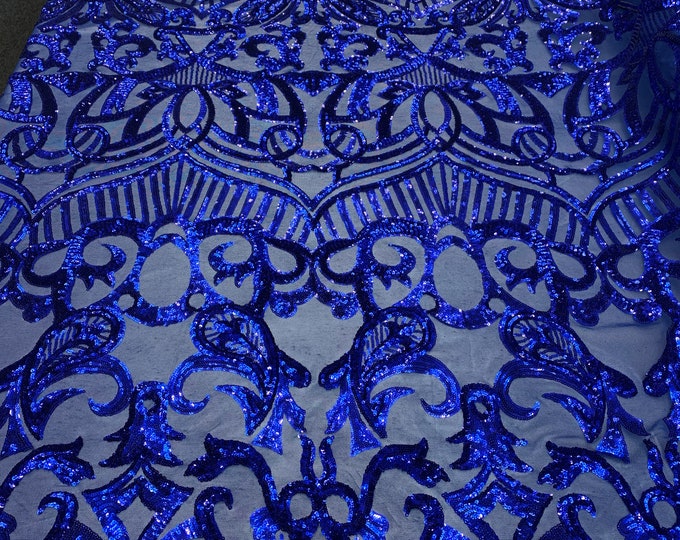 4 Way Stretch Shiny Sequins Geometric Design Iridescent Royal Blue Embroidered Mesh Lace Fabric By The Yard/ gowns/Prom dress/Tablecloths