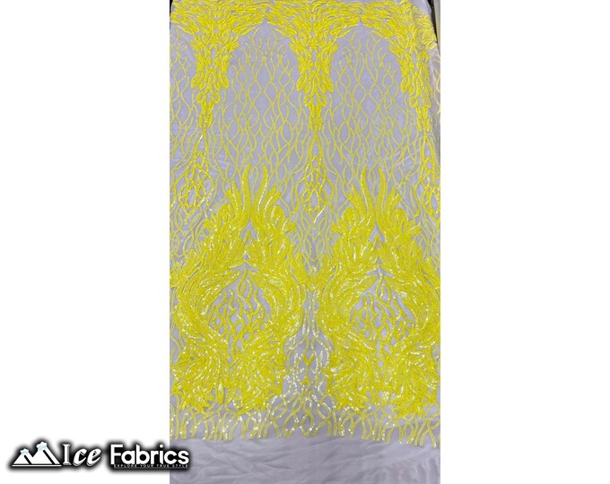 Tree Design Sequin Fabric By The Yard | Yellow on Nude Mesh 4 way Stretch Spandex Fabric | Embroidery Lace on Mesh