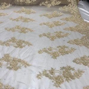 Beaded Handmade Embroidery(Light Gold) Floral mesh lace fabric by the yard. top wedding prom night gowns dress, tablecloths skirts, runners