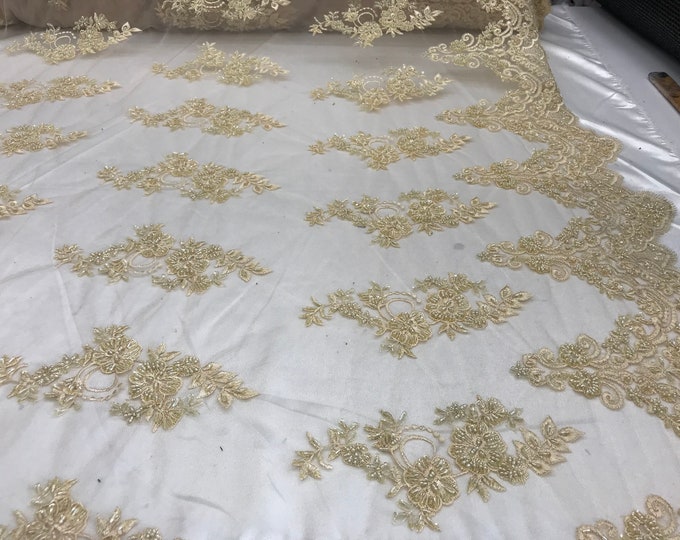 Beaded Handmade Embroidery(Light Gold) Floral mesh lace fabric by the yard. top wedding prom night gowns dress, tablecloths skirts, runners