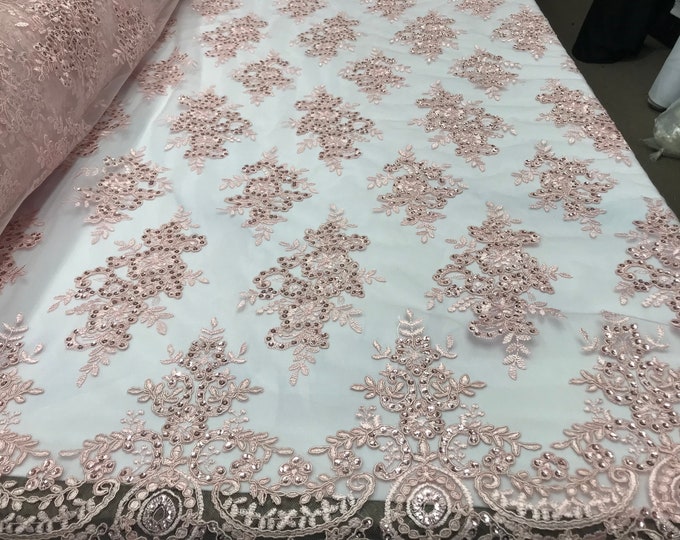 Dusty Rose modern flower design embroider on a mesh with sequins and metallic cord-prom-nightgown-decorations-sold by the yard.
