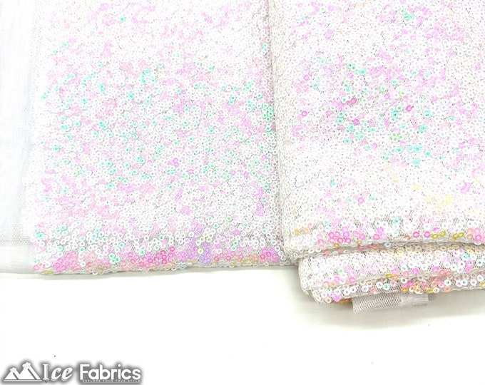 Luxury Iridescent White Pink Mini Sequin Fabric By The Yard on Mesh Fabric | Glitter Sequin Fabric | 3mm Sequin Fabric