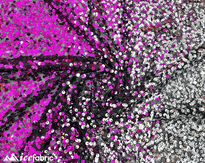 Luxury 3 Tone 4 Way Stretch Sequin Fabric By Yard | All Over Iridescent Purple Silver Mini Sequin Embroidery on Black Mesh Lace Spandex