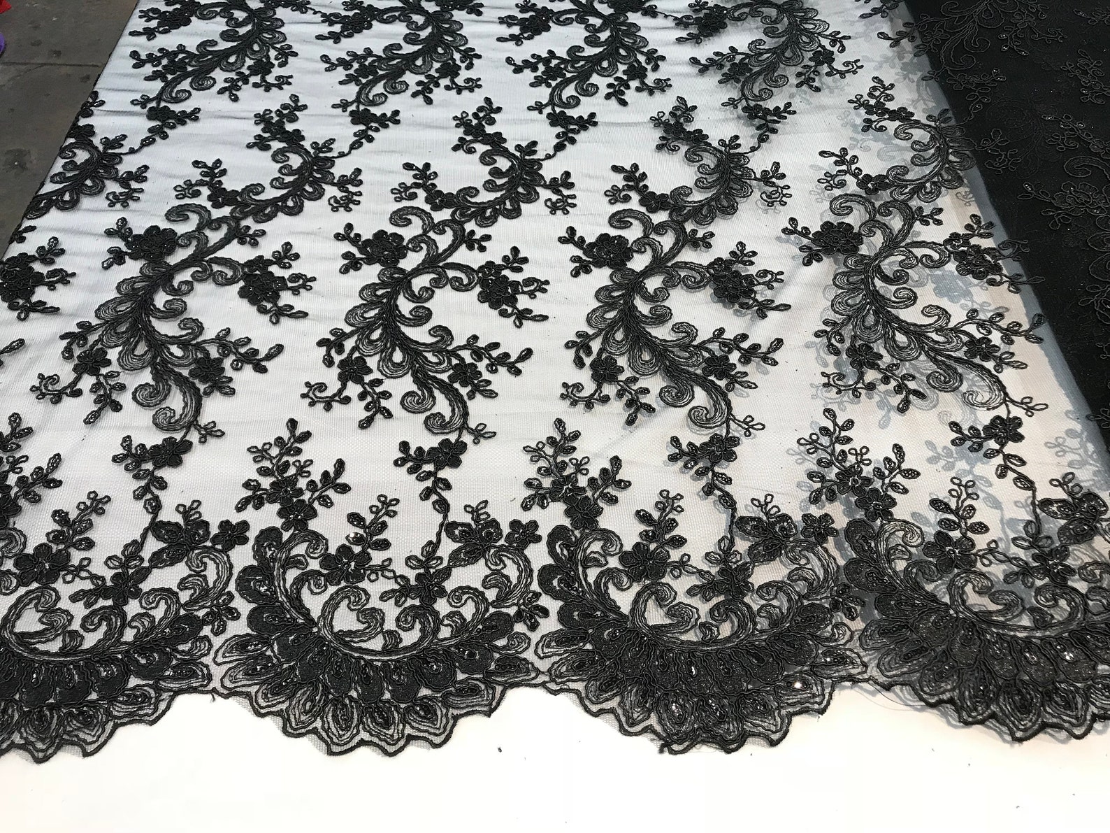 Black Mesh Lace Floral Fabric by the Yard_ Embroidery Handmade Etsy