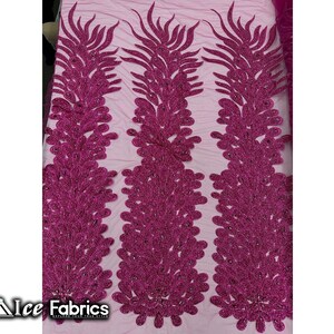 Hot Pink Peacock Feather Beaded Fabric sold by Panel | Embroidery Handmade Lace