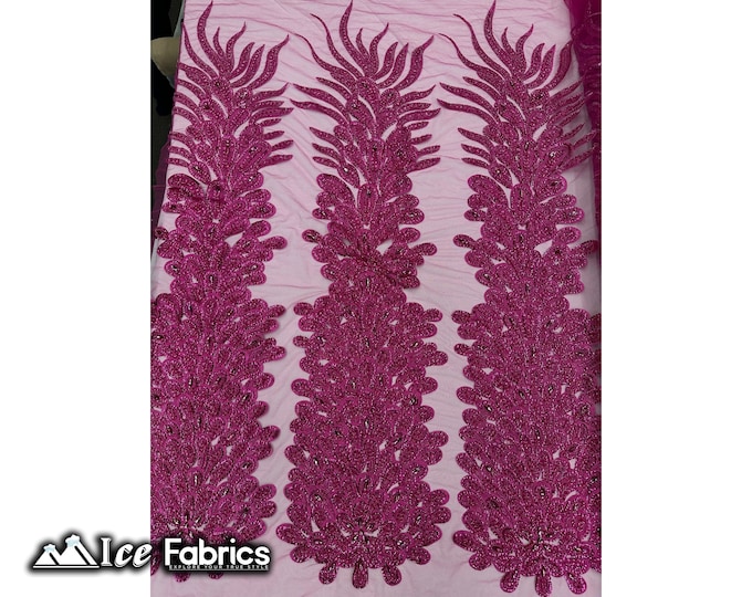 Hot Pink Peacock Feather Beaded Fabric sold by Panel | Embroidery Handmade Lace