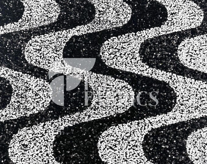 Wavy Sequin Stretch Velvet Fabric by The Yard - 60" Wide White Black on Black Velvet for Apparel, Costume, Decor
