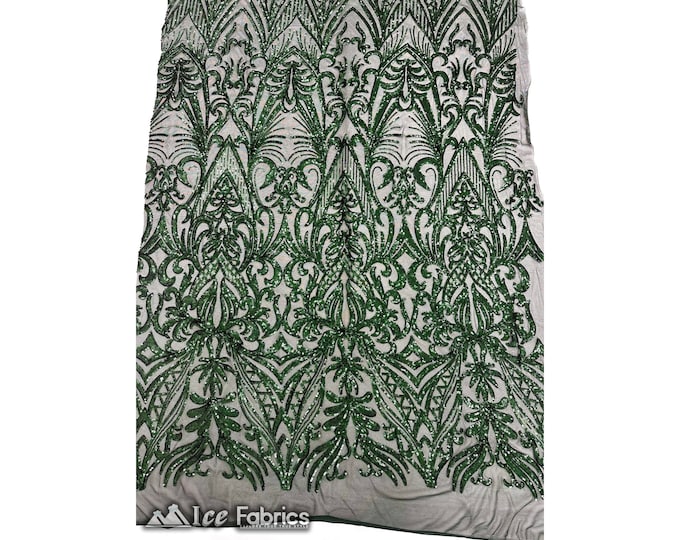 New Embroidery Hunter Green Sequin Fabric By The Yard | 4 Way Stretch Mesh Fabric Spandex Geometric Fabric | for Prom Dress
