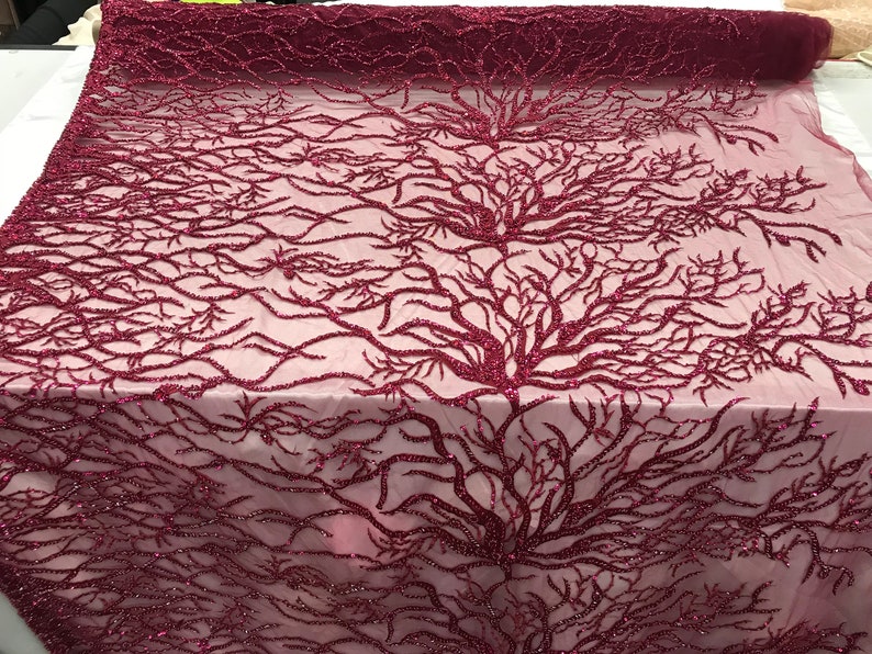 Beaded Handmade Embroidery(Burgundy) Floral mesh lace fabric by Beaded Handmade Embroidery(Burgundy) Floral mesh lace fabric by