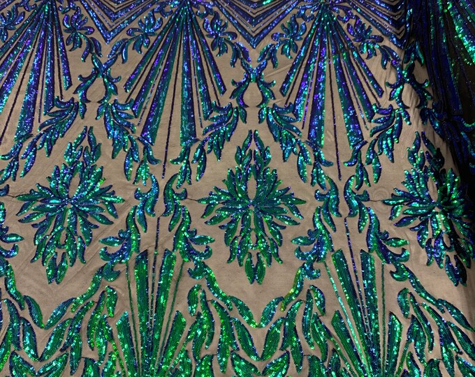 Iridescent Green Sequin Fabric By The Yard _ Geometric 4 Way Stretch Sequin Embroidery Lace On Black Spandex Mesh