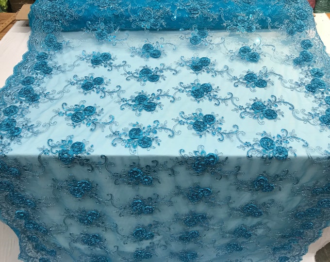Turquoise Embroidered mesh lace Flower Design with sequins by the yard.Floral wedding prom dress, tablecloths, runners, skirts,customs,decor