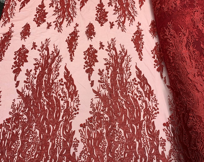FIRE design_ Burgundy // Floral Handmade Mesh Lace Fabric By The Yard, Flowers Fabric Lace Mesh// Veil Bridal Gowns, Fashion Dress, Costume