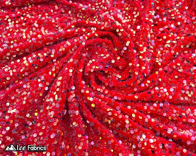 Emma 2 Way Stretch Velvet Sequin Fabric By The Yard | Embroidery Sequin On Spandex Velvet | Iridescent Red | 60” Wide