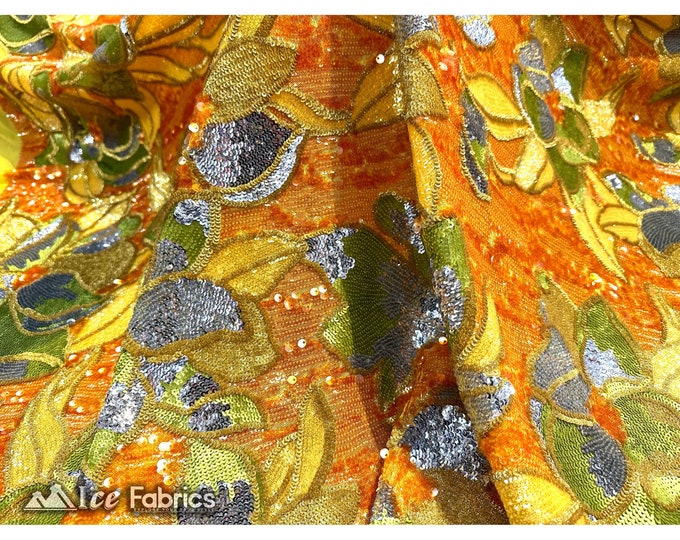 Yellow Gold Floral Sequin Fabric By The Yard | On 4 way Spandex Mesh Fabric Embroidery Lace Fabric | Sequin Flowers