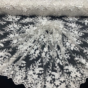 Ivory_ 3D Flowers Beaded Mesh Lace Bridal Fabric By The Yard/ Mesh Beaded Embroider Lace Floral Fabric/ Wedding Fabric, Prom Dress, Gowns