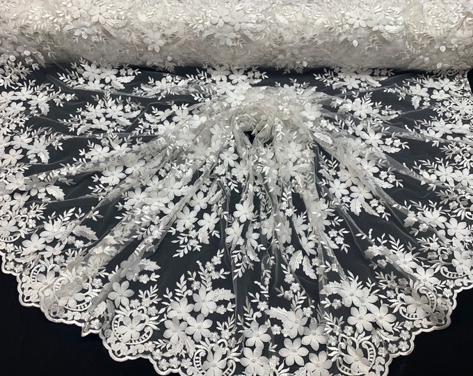 Ivory_ 3D Flowers Beaded Mesh Lace Bridal Fabric By The Yard/ Mesh Beaded Embroider Lace Floral Fabric/ Wedding Fabric, Prom Dress, Gowns