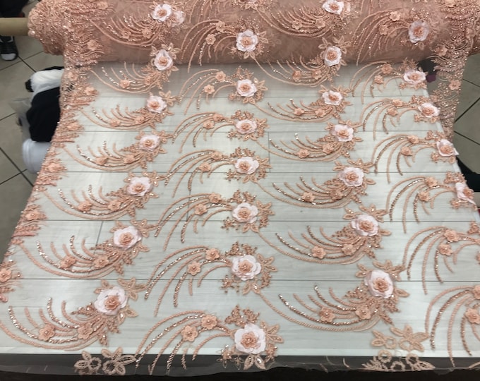 Peach- Beaded Bridal Mesh Lace Floral Lace Fabric Sold By The Yard. Embroidery Wedding dress.