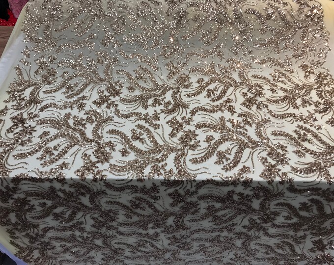 Gold Sequins 4 Way Stretch On A Mesh Lace Embroidery Fabric Geometric Design For Tablecloths/Dresses/Night gowns/ Runners