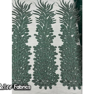 Hunter Green Peacock Feather Beaded Fabric sold by Panel | Embroidery Handmade Lace